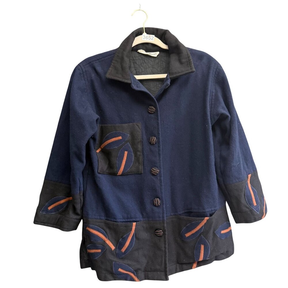 Deborah Murphy Long Sleeve Button Front Jacket Women's Blue Black Winter Chic